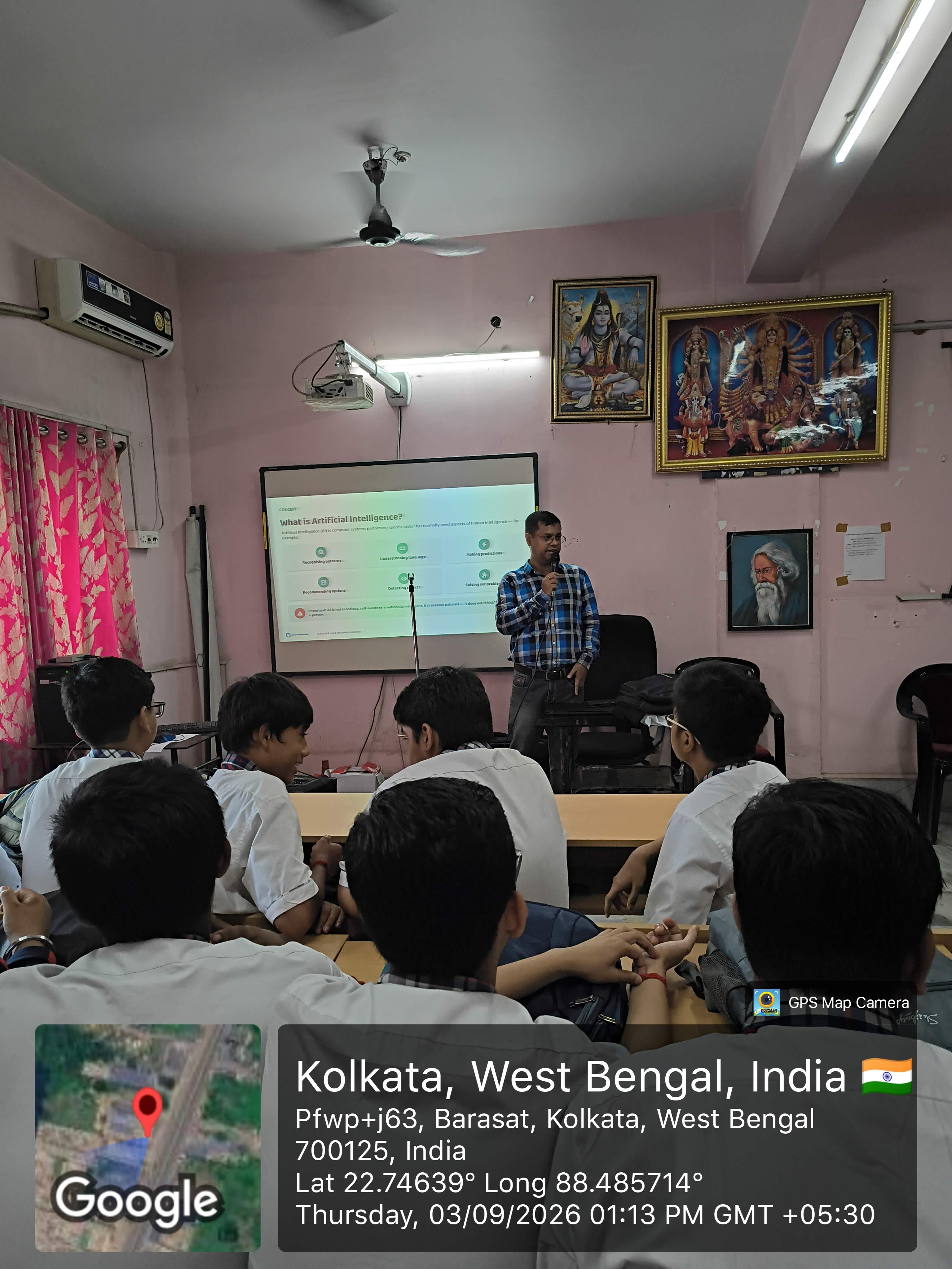 MAVI Foundation presenter opening the Data Science and AI workshop with a slide on artificial intelligence at Kalyani Public School, Barasat, 2026 (photo 1 of 16)