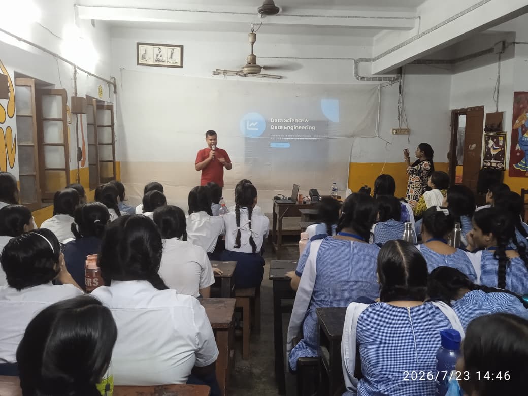 MAVI Foundation — the session continuing on laptop light during a power cut at Ram Joy Seal Sishu Pathsala, 2026 (photo 9 of 10)