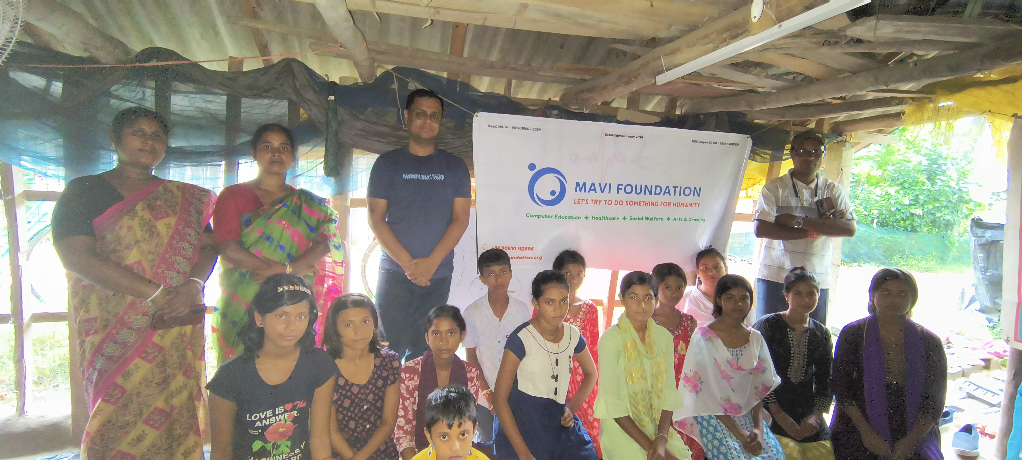 Children, teachers and MAVI Foundation volunteers together at the close of the Information Security workshop in Gosaba Block, Sundarbans, 2026 (photo 8 of 8)